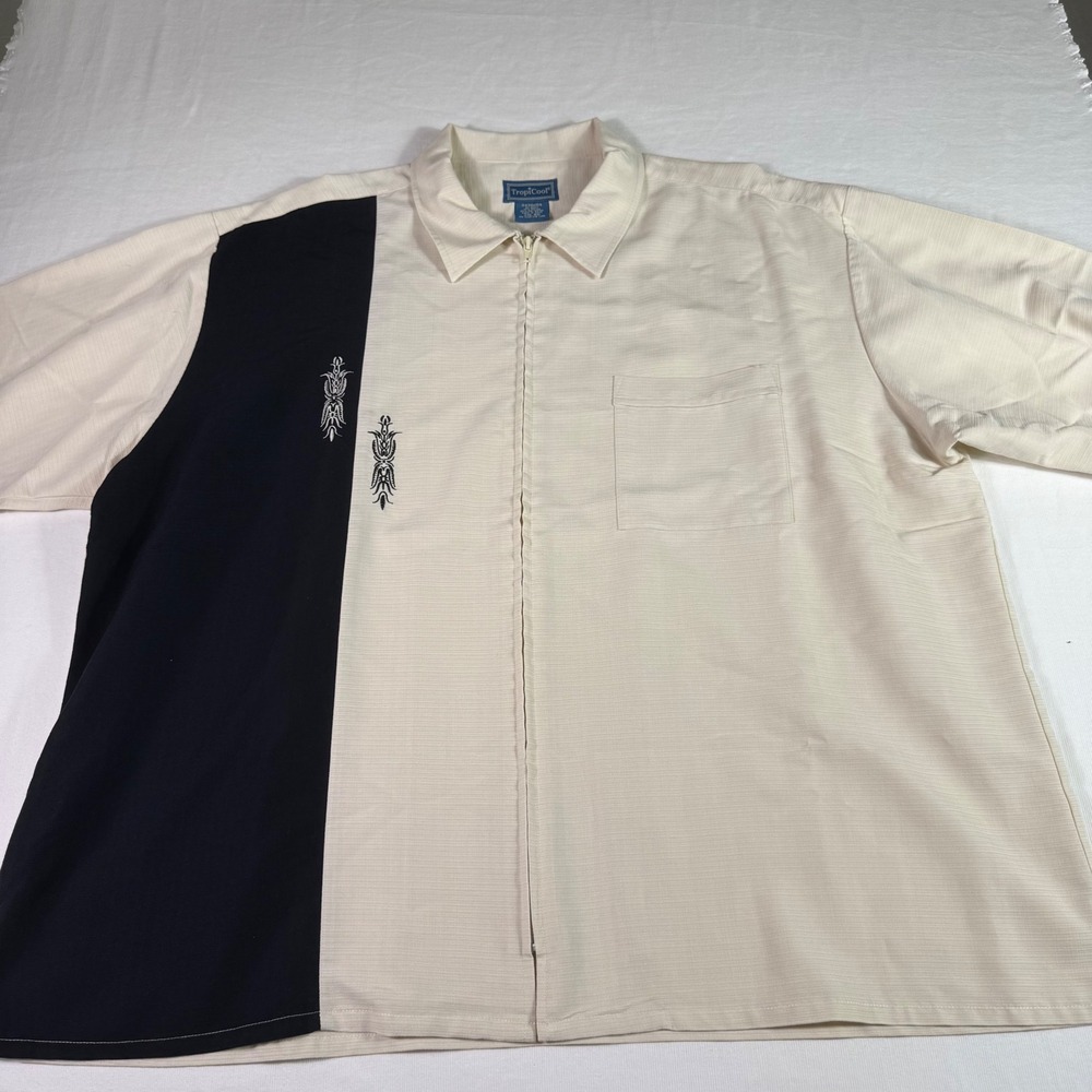 Vtg TropiCool Men's 2XL‎ Shirt Zip Front Embroidered Black Ivory Retro Casual